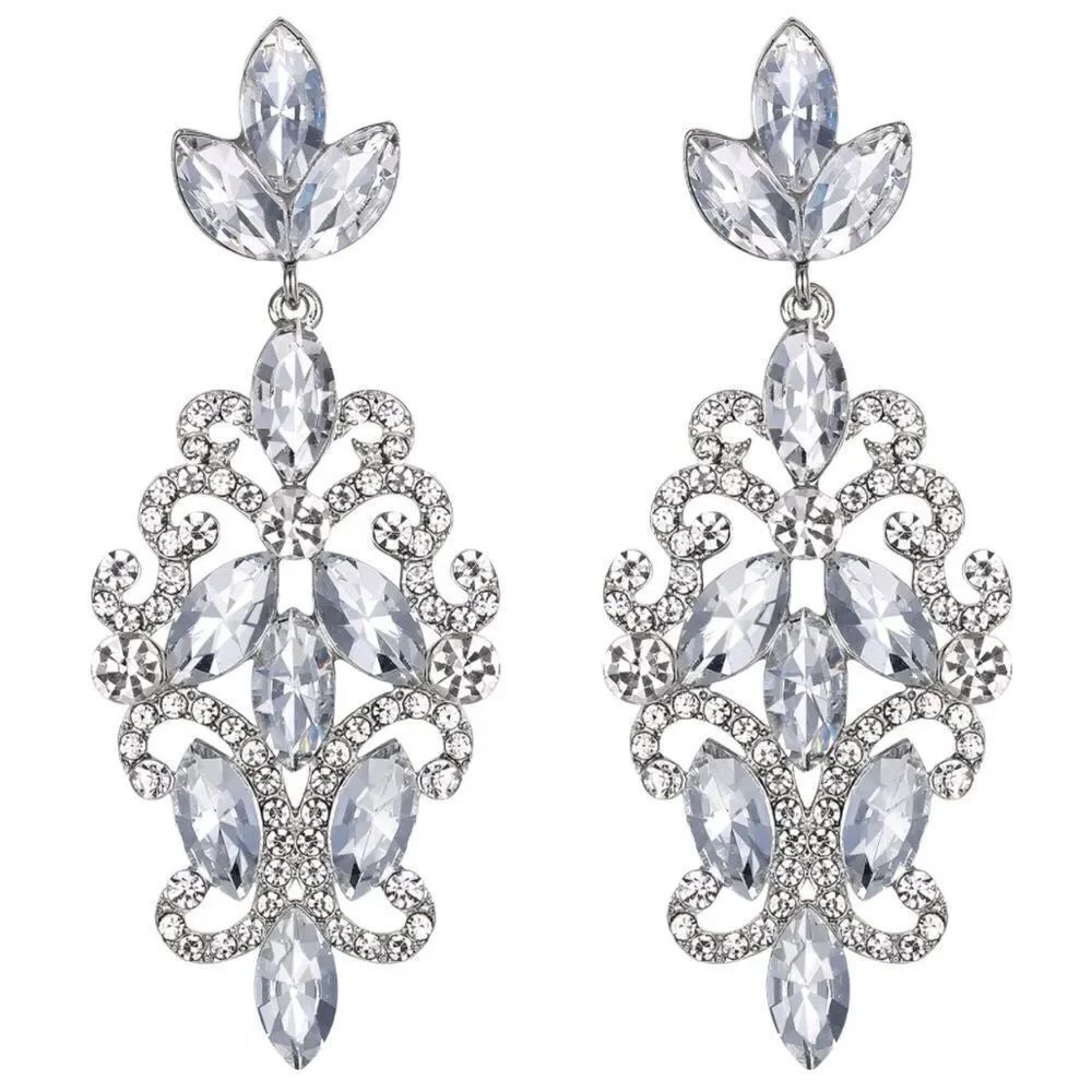 Silver with White Diamond Crystal Marquise Filigree Chandelier Post Earrings